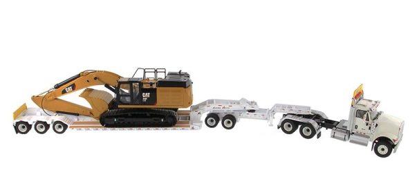 1:50 International HX520 Tandem Tractor + XL 120 Trailer outriggers, White w  Cat®349F L XE Hydraulic Excavator loaded including both rear boosters and front jeep, Transport Series, 85600 ***INCOMING MAY For Sale