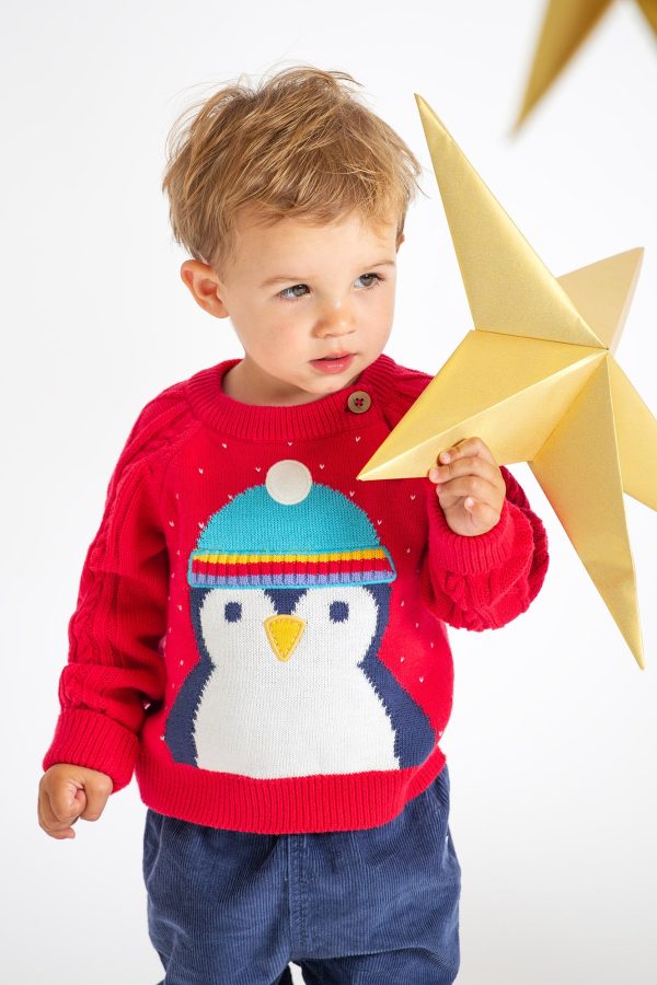 Frugi Caleb Knit Jumper Red Penguin For Cheap