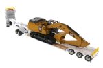 1:50 International HX520 Tandem Tractor + XL 120 Trailer outriggers, White w  Cat®349F L XE Hydraulic Excavator loaded including both rear boosters and front jeep, Transport Series, 85600 ***INCOMING MAY For Sale