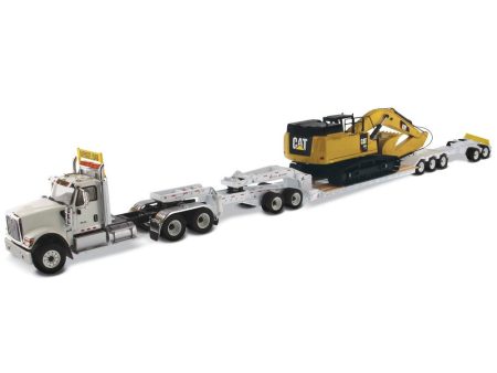 1:50 International HX520 Tandem Tractor + XL 120 Trailer outriggers, White w  Cat®349F L XE Hydraulic Excavator loaded including both rear boosters and front jeep, Transport Series, 85600 ***INCOMING MAY For Sale