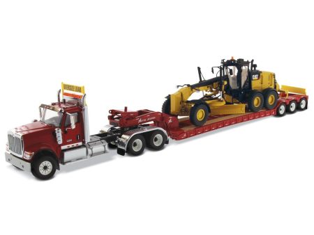 1:50 International HX520 Tandem Tractor + XL 120 Trailer, Red w  Cat® 12M3 Motor Grader loaded including both rear boosters, 85598 Discount