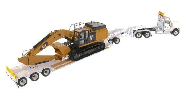 1:50 International HX520 Tandem Tractor + XL 120 Trailer outriggers, White w  Cat®349F L XE Hydraulic Excavator loaded including both rear boosters and front jeep, Transport Series, 85600 ***INCOMING MAY For Sale