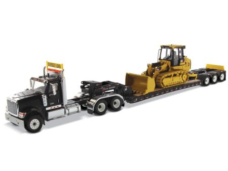 1:50 International HX520 Tandem Tractor + XL 120 Trailer, Black w  Cat® 963K Track loader loaded including both rear boosters, 85599 For Cheap