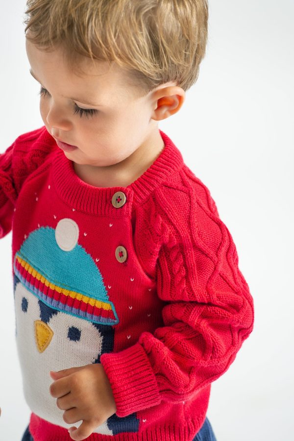 Frugi Caleb Knit Jumper Red Penguin For Cheap